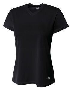 A4 NW3254 - Ladies Shorts Sleeve V-Neck Birds Eye Mesh T-Shirt Negro