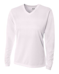A4 NW3255 - Ladies Long Sleeve V-Neck Birds Eye Mesh T-Shirt Blanco
