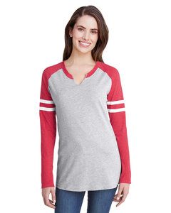 LAT LA3534 - LAT Ladies' Vintage Fine Jersey Gameday Mash-Up Long Sleeve Tee Vn Hthr/ Vn Red/ Blended Wht