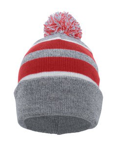 Pacific Headwear 641K - Knit Fold-Over Pom-Pom Beanie Heathr/Red/Wht