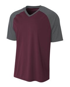 A4 N3373 - Adult Polyester V-Neck Strike Jersey with Contrast Sleeve Maroon/ Graphite