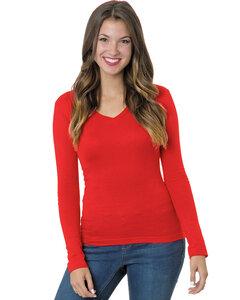 Bayside BA3415 - Junior's 4.2 oz.,  Fine Jersey Long-Sleeve V-Neck T-Shirt Rojo