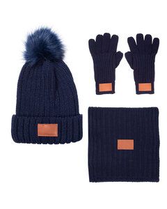 Leeman LG905 - Three-Piece Rib Knit Fur Pom Winter Set Azul Marino